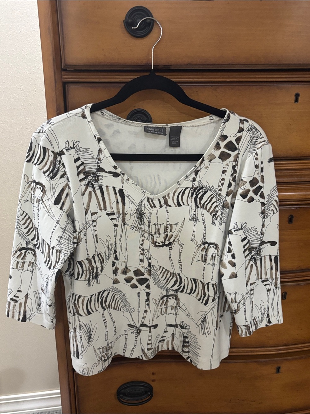 Chico's Cream Animal Sketch V‑Neck 3/4 Sleeve Top with Black and Brown Accents